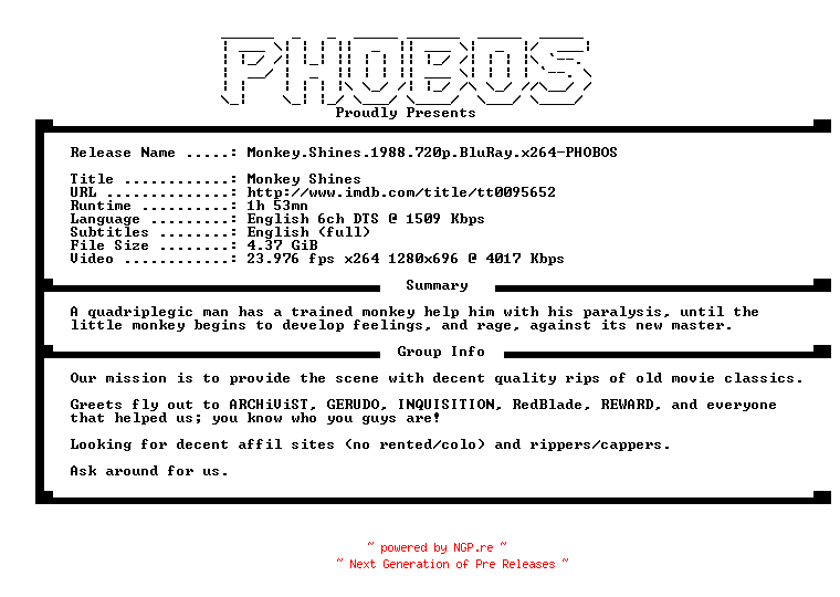 NFO for the release Monkey.Shines.1988.720p.BluRay.x264-PHOBOS by PHOBOS