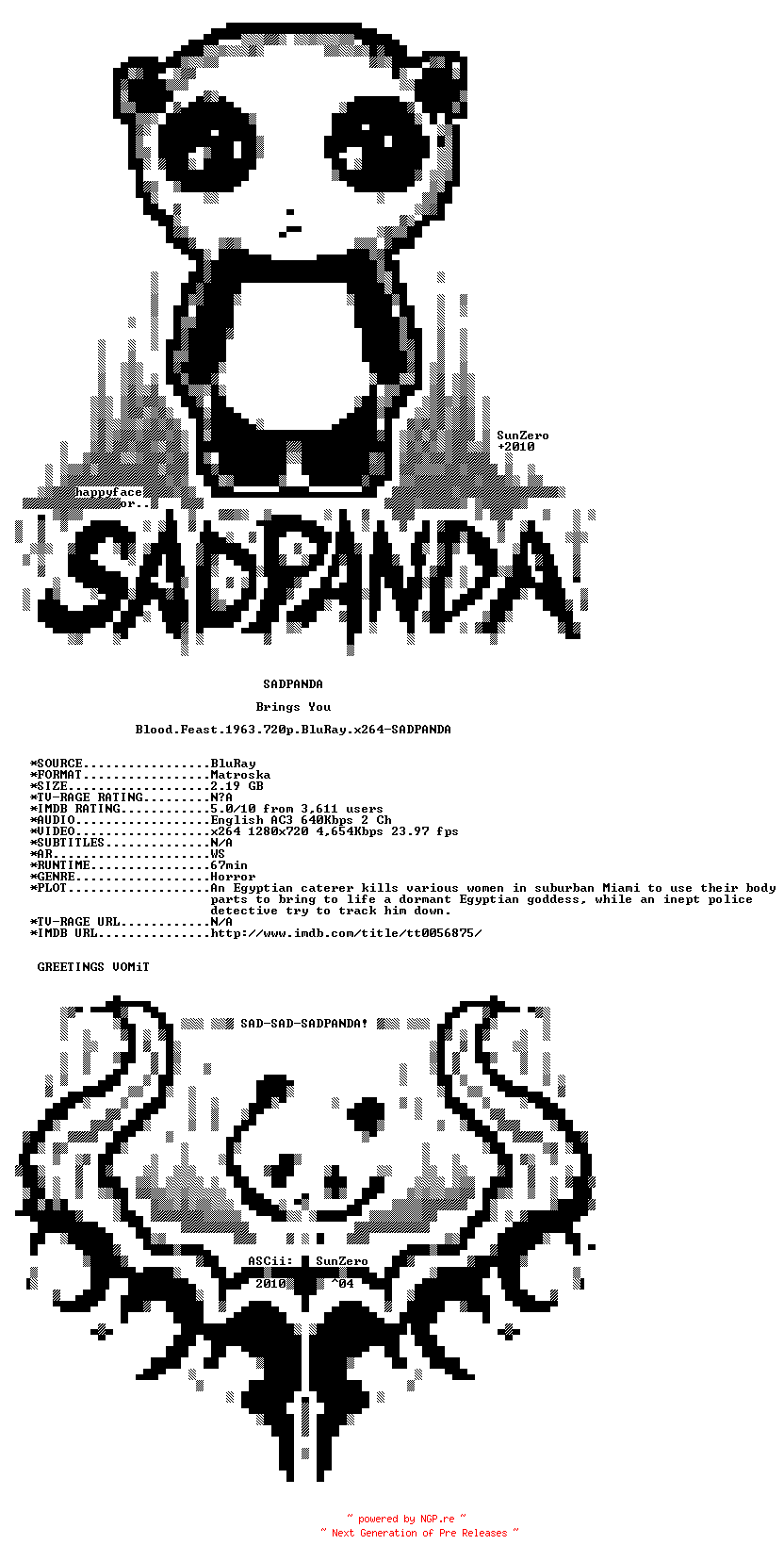 NFO for the release Blood.Feast.1963.720p.BluRay.x264-SADPANDA by SADPANDA