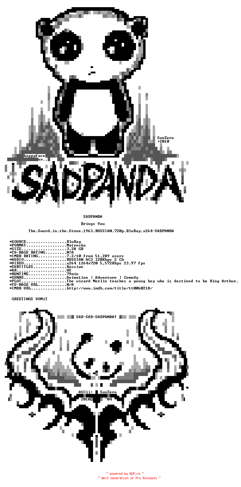NFO for the release The.Sword.in.the.Stone.1963.RUSSIAN.720p.BluRay.x264-SADPANDA by SADPANDA