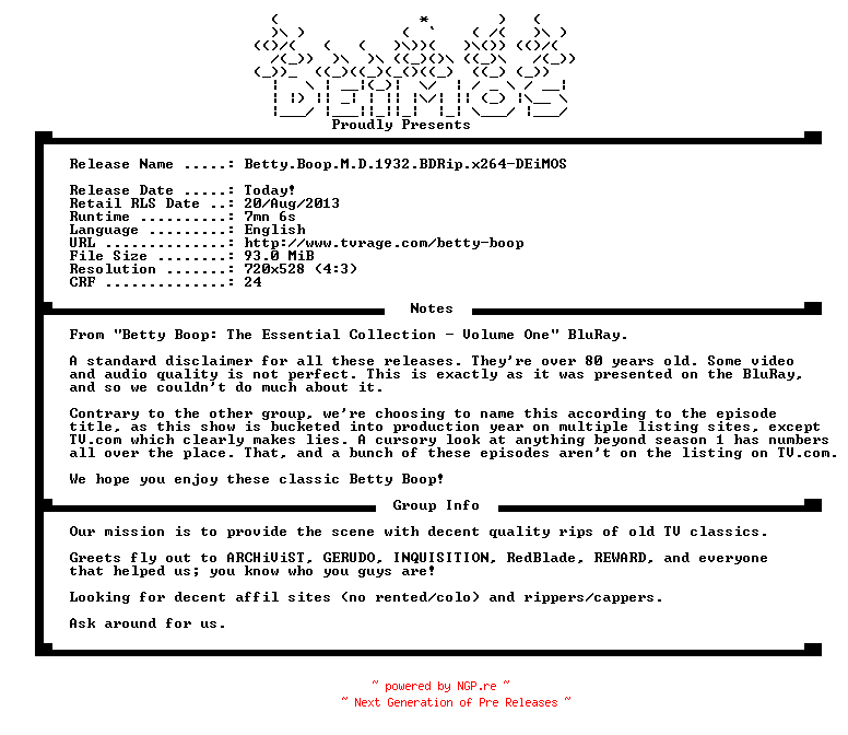 NFO for the release Betty.Boop.M.D.1932.BDRip.x264-DEiMOS by DEiMOS