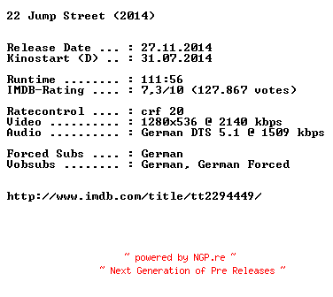 NFO for the release 22.Jump.Street.German.720p.BluRay.x264-EXQUiSiTE by EXQUiSiTE