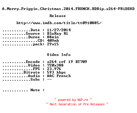NFO for the release A.Merry.Friggin.Christmas.2014.FRENCH.BDRip.x264-PRiDEHD by PRiDEHD