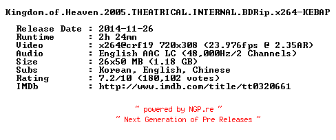 NFO for the release Kingdom.of.Heaven.2005.THEATRICAL.INTERNAL.BDRip.x264-KEBAP by KEBAP