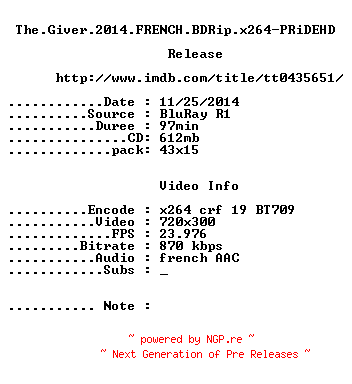 NFO for the release The.Giver.2014.FRENCH.BDRip.x264-PRiDEHD by PRiDEHD