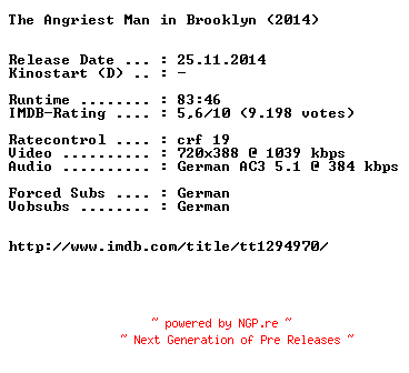 NFO for the release The.Angriest.Man.in.Brooklyn.German.2014.BDRiP.x264-EXQUiSiTE by EXQUiSiTE