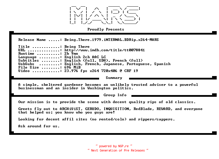 NFO for the release Being.There.1979.iNTERNAL.BDRip.x264-MARS by MARS