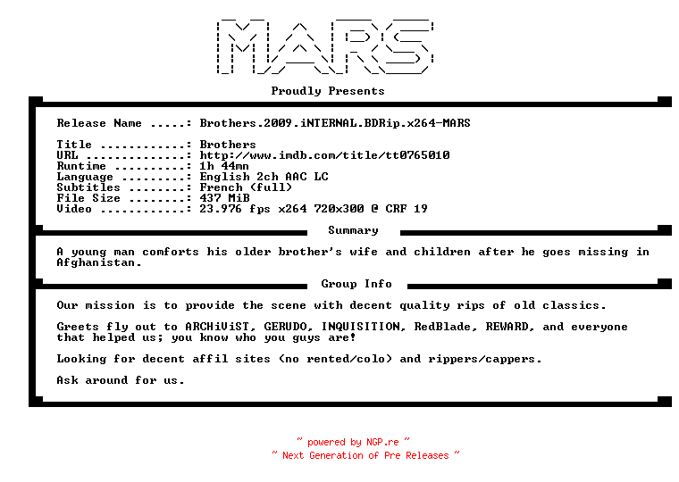 NFO for the release Brothers.2009.iNTERNAL.BDRip.x264-MARS by MARS