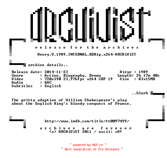NFO for the release Henry.V.1989.INTERNAL.BDRip.x264-ARCHiViST by ARCHiViST