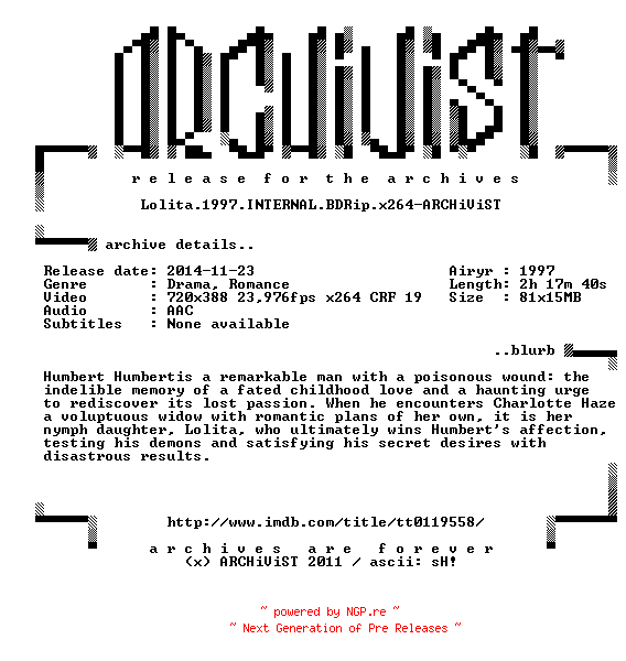 NFO for the release Lolita.1997.INTERNAL.BDRip.x264-ARCHiViST by ARCHiViST