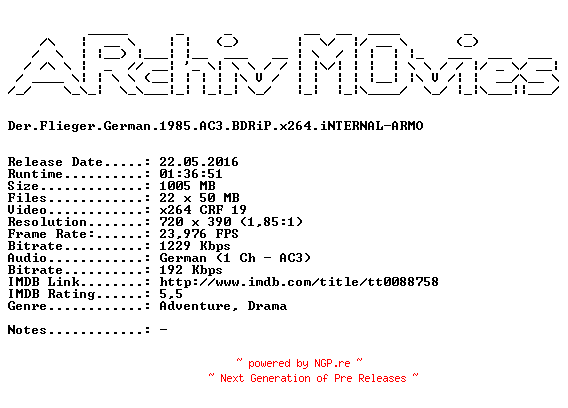 NFO for the release Der.Flieger.German.1985.AC3.BDRiP.x264.iNTERNAL-ARMO by ARMO