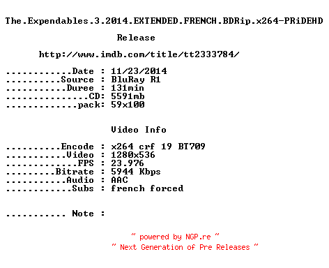 NFO for the release The.Expendables.3.2014.EXTENDED.FRENCH.720p.BluRay.x264-PRiDEHD by PRiDEHD