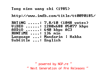 NFO for the release A.Time.To.Live.And.A.Time.To.Die.1985.720p.BluRay.x264-MELiTE by MELiTE