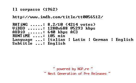 NFO for the release Il.Sorpasso.1962.720p.BluRay.x264-MELiTE by MELiTE