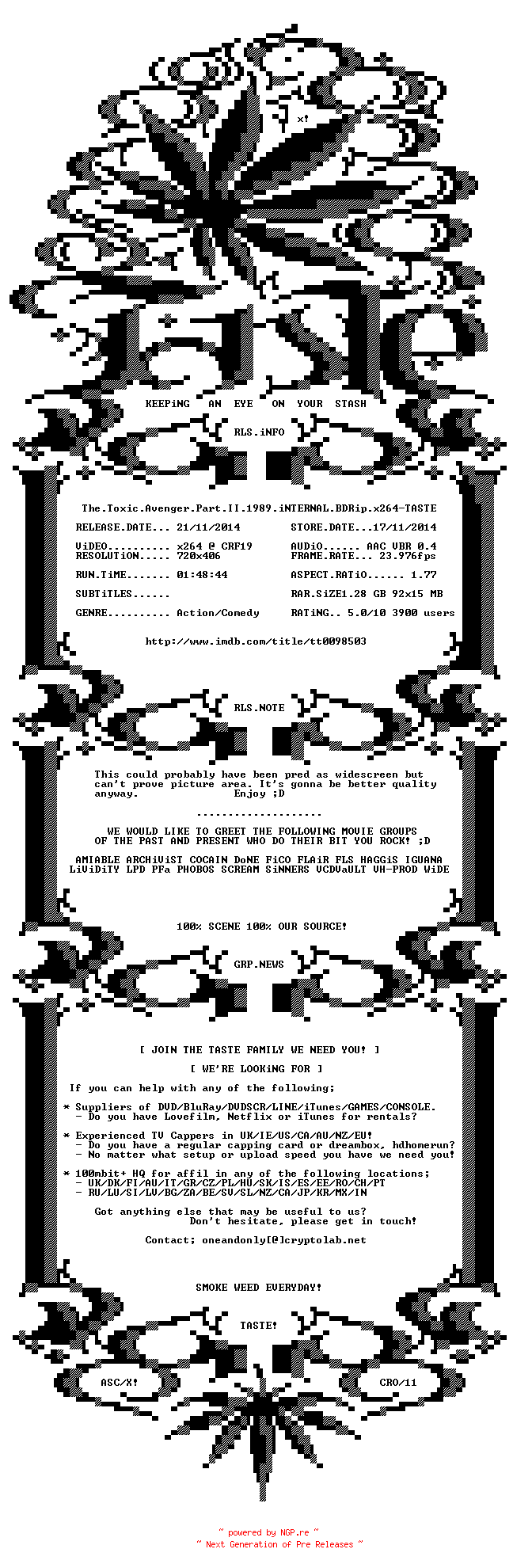 NFO for the release The.Toxic.Avenger.Part.II.1989.iNTERNAL.BDRip.x264-TASTE by TASTE