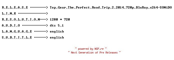 NFO for the release Top.Gear.The.Perfect.Road.Trip.2.2014.720p.BluRay.x264-SONiDO by SONiDO