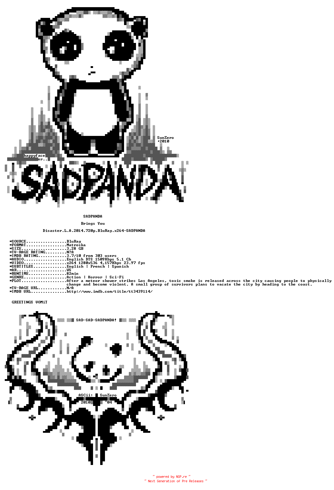 NFO for the release Disaster.L.A.2014.720p.BluRay.x264-SADPANDA by SADPANDA