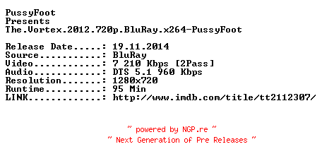 NFO for the release The.Vortex.2012.720p.BluRay.x264-PussyFoot by PussyFoot