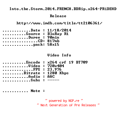 NFO for the release Into.the.Storm.2014.FRENCH.BDRip.x264-PRiDEHD by PRiDEHD