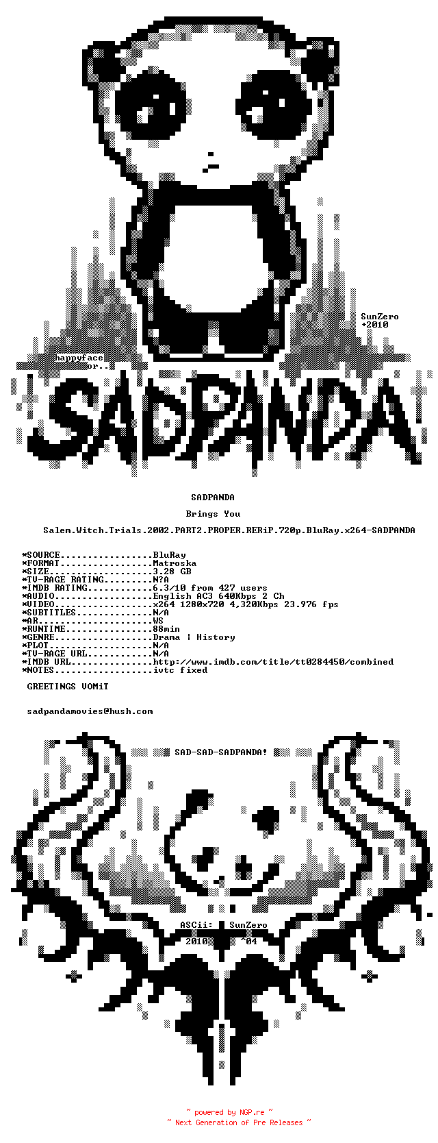 NFO for the release Salem.Witch.Trials.2002.PART2.PROPER.RERiP.720p.BluRay.x264-SADPANDA by SADPANDA