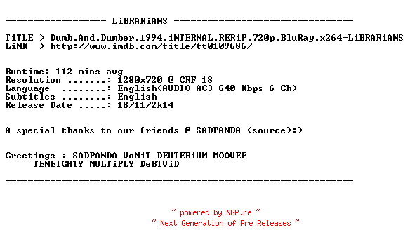 NFO for the release Dumb.And.Dumber.1994.iNTERNAL.RERiP.720p.BluRay.x264-LiBRARiANS by LiBRARiANS