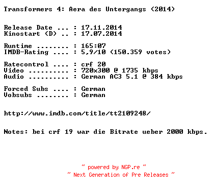 NFO for the release Transformers.4.Aera.des.Untergangs.German.BDRiP.x264-EXQUiSiTE by EXQUiSiTE