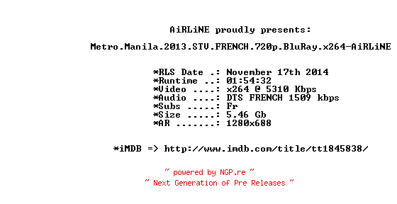 NFO for the release Metro.Manila.2013.STV.FRENCH.720p.BluRay.x264-AiRLiNE by AiRLiNE