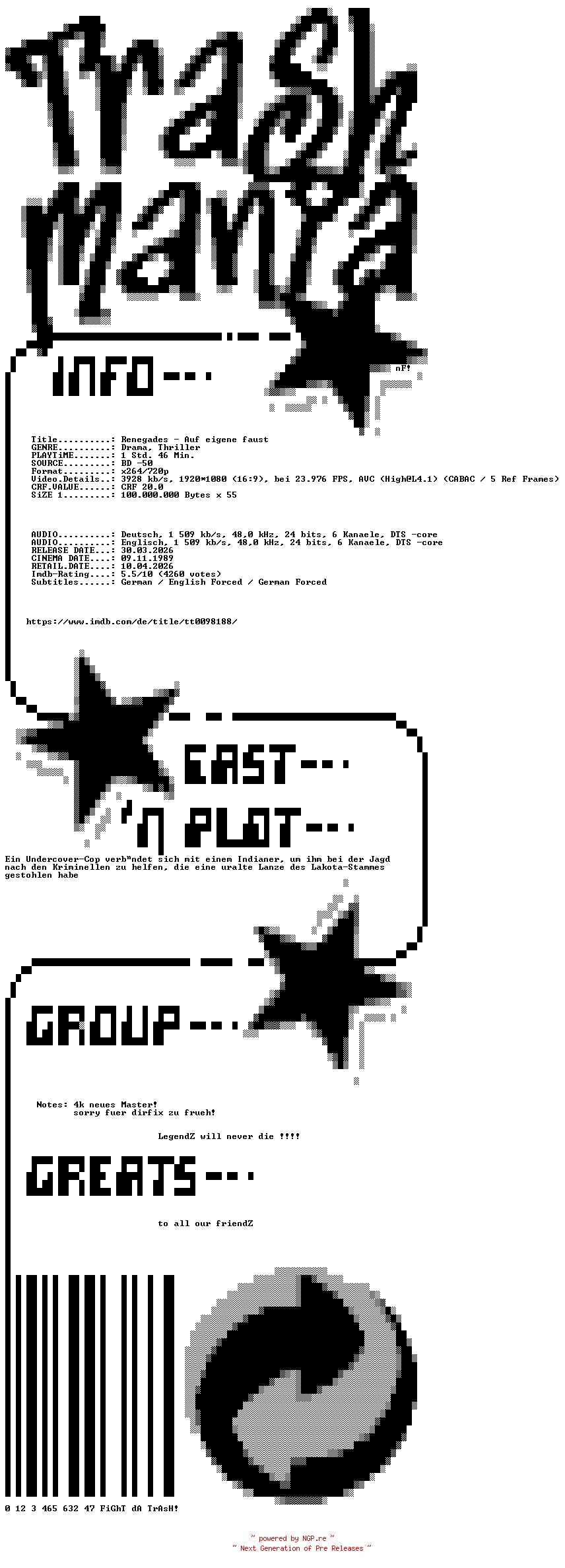 NFO for the release Renegades.Auf.eigene.Faust.REMASTERED.1989.German.DL.720p.BluRay.x264.DIRFIX-TM by TM