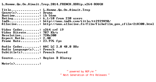 NFO for the release L.Homme.Qu.On.Aimait.Trop.2014.FRENCH.BDRip.x264-ROUGH by ROUGH
