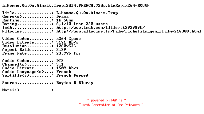 NFO for the release L.Homme.Qu.On.Aimait.Trop.2014.FRENCH.720p.BluRay.x264-ROUGH by ROUGH