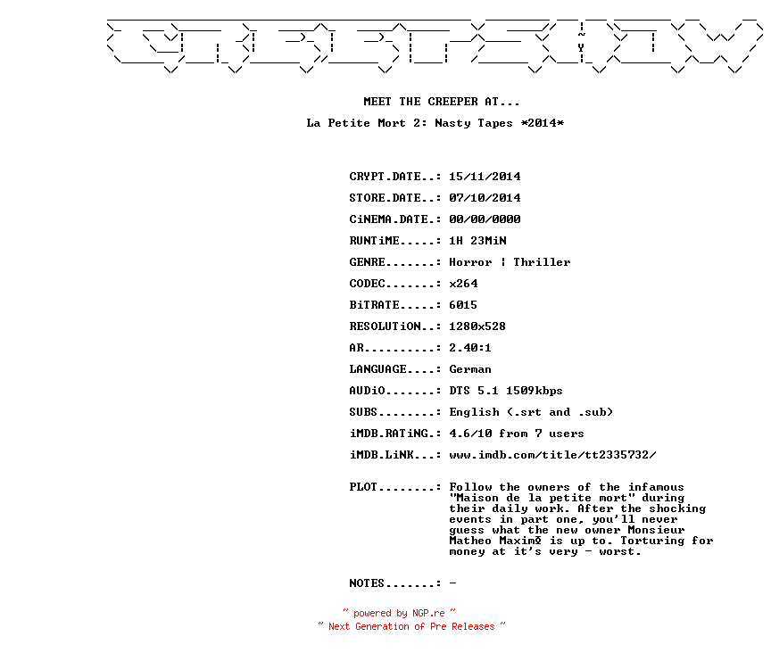 NFO for the release La.Petite.Mort.2.Nasty.Tapes.2014.720p.BluRay.x264-CREEPSHOW by CREEPSHOW