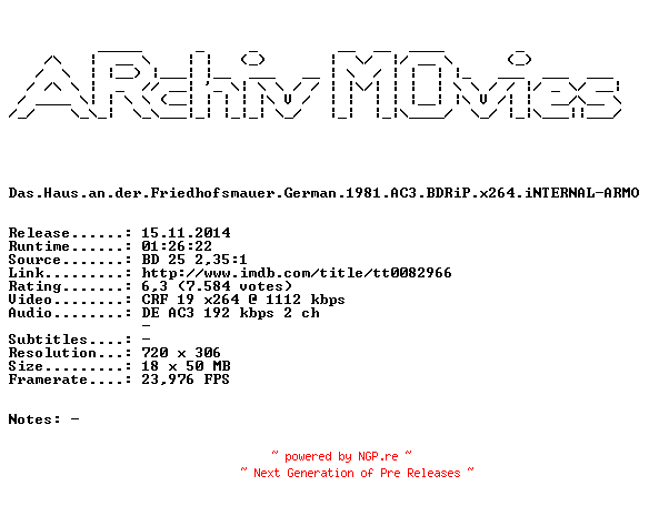 NFO for the release Das.Haus.an.der.Friedhofsmauer.German.1981.AC3.BDRiP.x264.iNTERNAL-ARMO by ARMO
