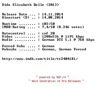 NFO for the release Dido.Elizabeth.Belle.German.720p.BluRay.x264-EXQUiSiTE by EXQUiSiTE