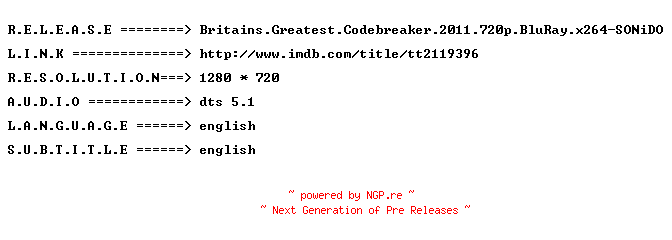 NFO for the release Britains.Greatest.Codebreaker.2011.720p.BluRay.x264-SONiDO by SONiDO