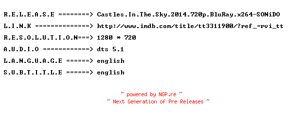 NFO for the release Castles.In.The.Sky.2014.720p.BluRay.x264-SONiDO by SONiDO