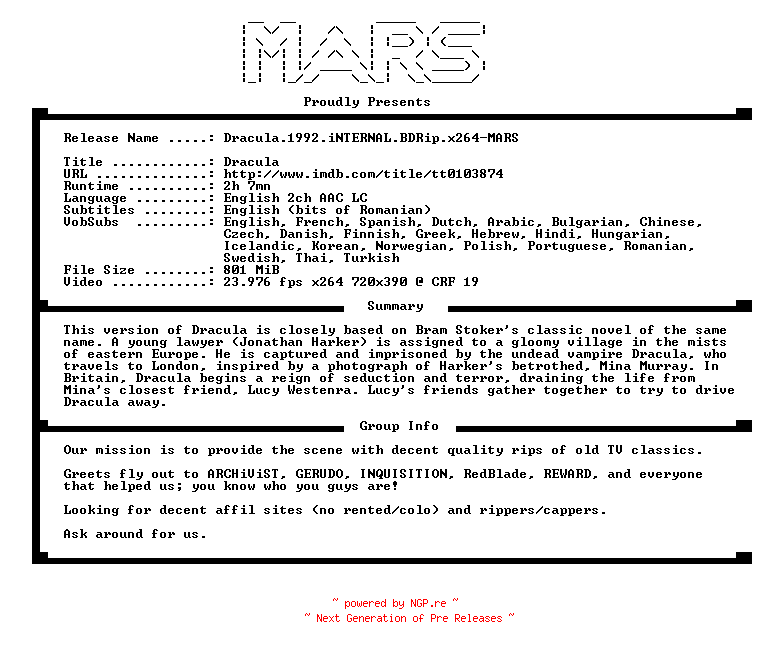 NFO for the release Dracula.1992.iNTERNAL.BDRip.x264-MARS by MARS
