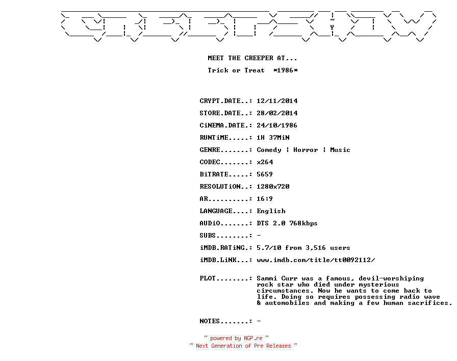 NFO for the release Trick.Or.Treat.1986.720p.BluRay.x264-CREEPSHOW by CREEPSHOW