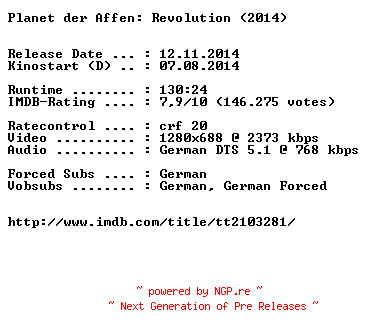 NFO for the release Planet.der.Affen.Revolution.German.720p.BluRay.x264-EXQUiSiTE by EXQUiSiTE