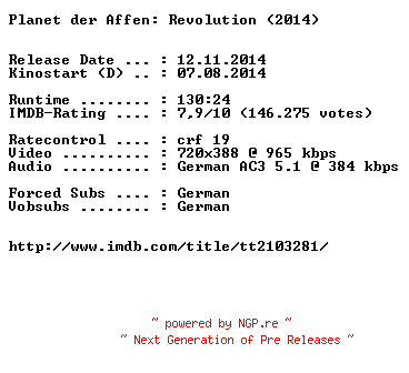 NFO for the release Planet.der.Affen.Revolution.German.BDRiP.x264-EXQUiSiTE by EXQUiSiTE