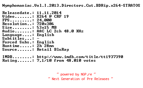 NFO for the release Nymphomaniac.Vol.I.2013.Directors.Cut.BDRip.x264-STRATOS by STRATOS