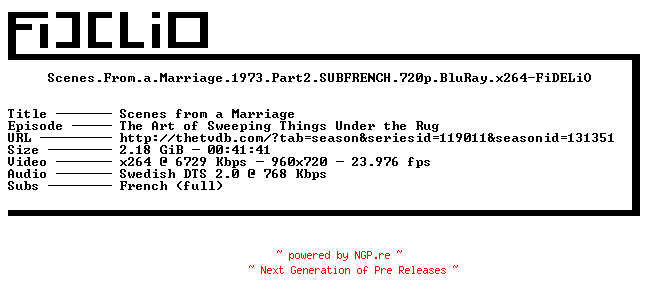 NFO for the release Scenes.From.a.Marriage.1973.Part2.SUBFRENCH.720p.BluRay.x264-FiDELiO by FiDELiO