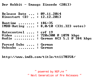 NFO for the release Der.Hobbit.Smaugs.Einoede.EXTENDED.German.BDRiP.x264-EXQUiSiTE by EXQUiSiTE