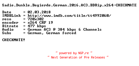 NFO for the release Sadie.Dunkle.Begierde.German.2016.AC3.BDRip.x264-CHECKMATE by CHECKMATE