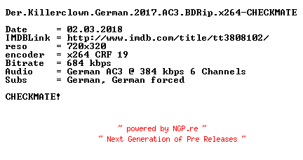 NFO for the release Der.Killerclown.German.2017.AC3.BDRip.x264-CHECKMATE by CHECKMATE