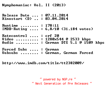NFO for the release Nymphomaniac.Vol.II.Directors.Cut.German.720p.BluRay.x264-EXQUiSiTE by EXQUiSiTE