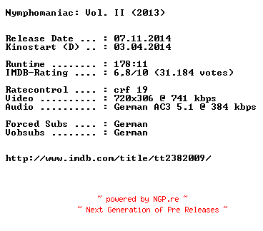 NFO for the release Nymphomaniac.Vol.II.Directors.Cut.German.BDRiP.x264-EXQUiSiTE by EXQUiSiTE
