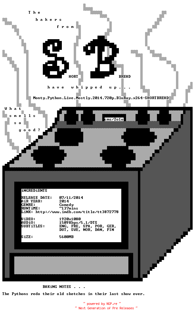 NFO for the release Monty.Python.Live.Mostly.2014.720p.BluRay.x264-SHORTBREHD by SHORTBREHD