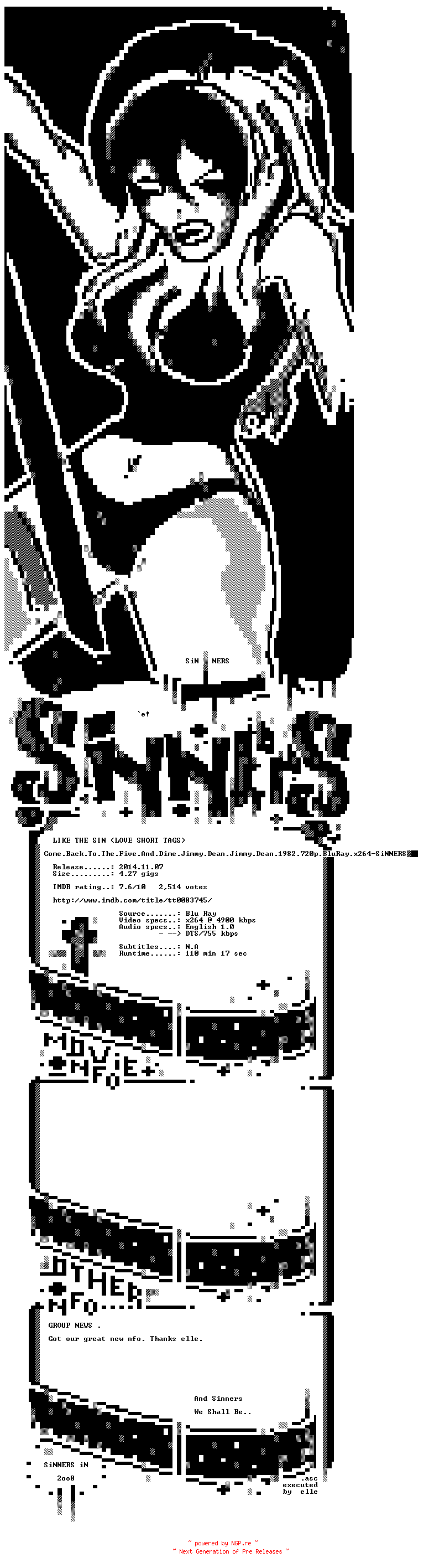 NFO for the release Come.Back.To.The.Five.And.Dime.Jimmy.Dean.Jimmy.Dean.1982.720p.BluRay.x264-SiNNERS by SiNNERS