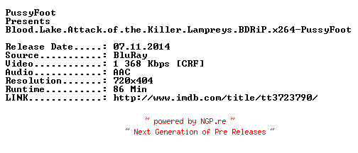 NFO for the release Blood.Lake.Attack.of.the.Killer.Lampreys.2014.BDRiP.x264-PussyFoot by PussyFoot