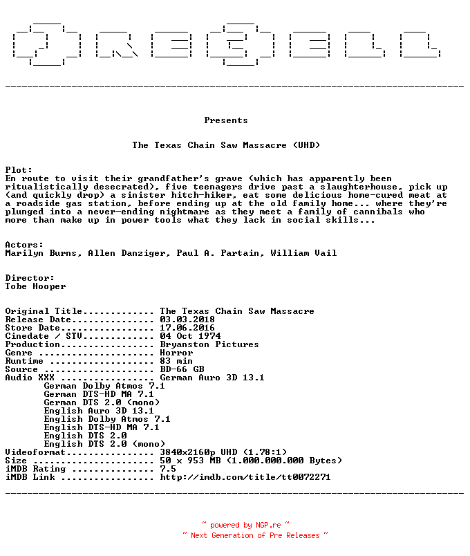 NFO for the release The.Texas.Chain.Saw.Massacre.1974.MULTi.COMPLETE.UHD.BLURAY-PRECELL by PRECELL