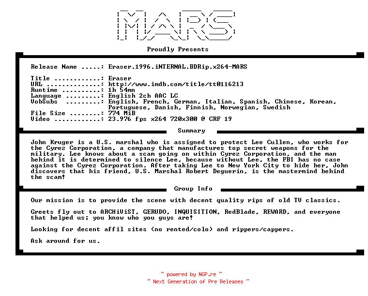 NFO for the release Eraser.1996.iNTERNAL.BDRip.x264-MARS by MARS